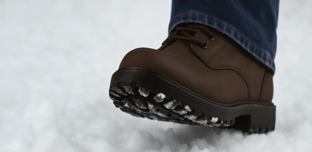Shoes on frozen pavement showing need for extra traction
